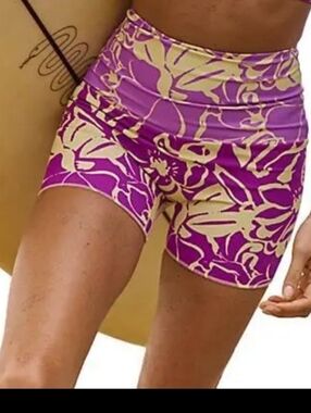 Free People Purple and Cream Floral High-Rise Bike Shorts